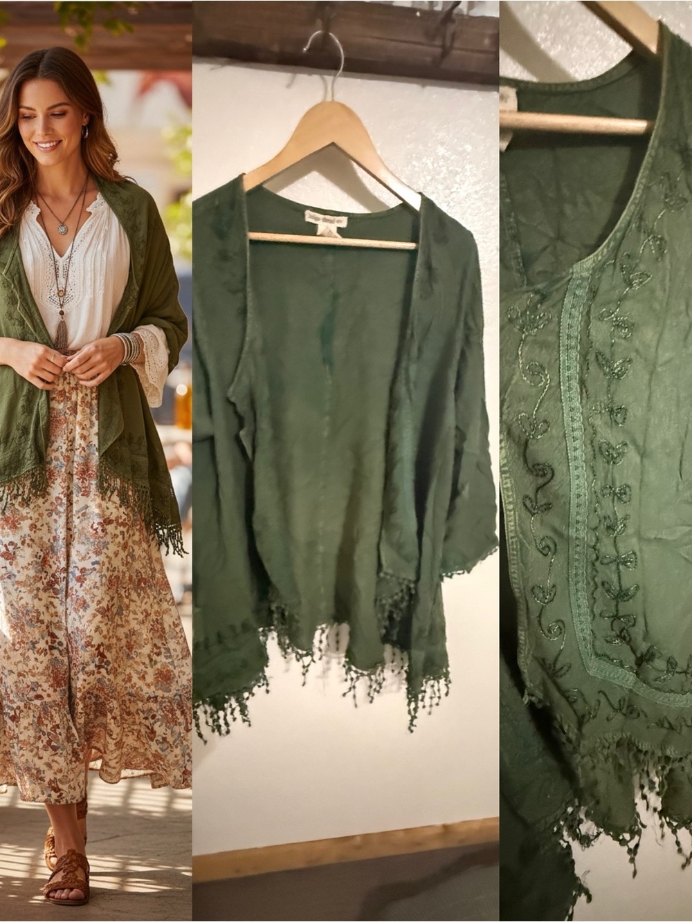 Indigo Thread Co 1X Olive Green Embroidered Fringe Boho Kimono